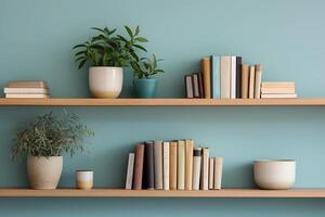 AI generated Stacks of books and house plants on the shelves on blue background. AI generated. photo