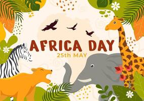 Happy Africa Day Vector Illustration on 25 May with Culture African Tribal Figures and Typical Animal in Flora and Fauna Flat Cartoon Background