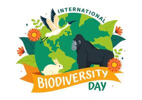 mundo biodiversidad día vector ilustración con biológico diversidad, tierra y el varios animal en naturaleza plano dibujos animados antecedentes