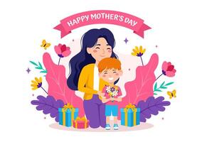 contento madre día vector ilustración de afecto para bebé y niños desde madres con flor y regalo concepto en plano dibujos animados antecedentes diseño