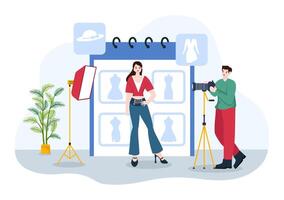 Model Portfolio Vector Illustration with Modeling Agency Manager and Photographer take Photos of Model in Platform Flat Cartoon Background Design