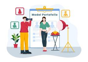 Model Portfolio Vector Illustration with Modeling Agency Manager and Photographer take Photos of Model in Platform Flat Cartoon Background Design