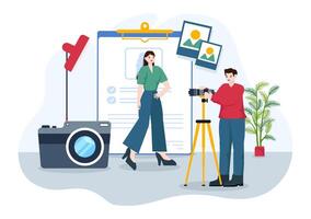 Model Portfolio Vector Illustration with Modeling Agency Manager and Photographer take Photos of Model in Platform Flat Cartoon Background Design