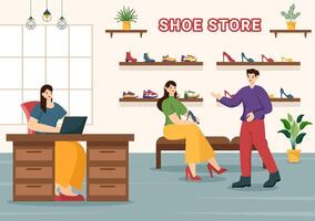 zapato Tienda vector ilustración con nuevo colección hombres o mujer varios modelos o colores de zapatillas y alto tacones en plano dibujos animados antecedentes