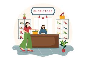 zapato Tienda vector ilustración con nuevo colección hombres o mujer varios modelos o colores de zapatillas y alto tacones en plano dibujos animados antecedentes