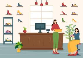 zapato Tienda vector ilustración con nuevo colección hombres o mujer varios modelos o colores de zapatillas y alto tacones en plano dibujos animados antecedentes