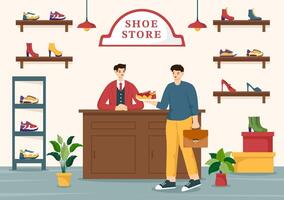 zapato Tienda vector ilustración con nuevo colección hombres o mujer varios modelos o colores de zapatillas y alto tacones en plano dibujos animados antecedentes