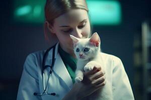 ai generado hembra veterinario cuidadosamente participación blanco pequeño gatito. médico examinando de mascotas. ai generado. foto