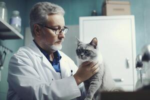 ai generado masculino veterinario cuidadosamente examinando blanco gato en veterinario clínica. ai generado. foto