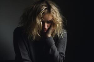 AI generated Portrait of upset depressed young woman, dark background. Mental health concept. AI generated. photo