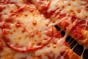 AI generated Macro texture of delicious pepperoni pizza with melted cheese, close up view. AI generated. photo