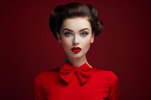 ai generado retrato de elegante joven mujer con estilizado pelo y brillante maquillaje en rojo antecedentes. ai generado. foto