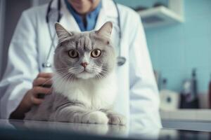 ai generado mullido gato cuidadosamente examinado por veterinario en veterinario clínica. ai generado. foto