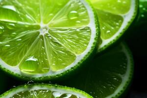 AI generated Macro texture of fresh ripe lime slices with water drops. AI generated. photo
