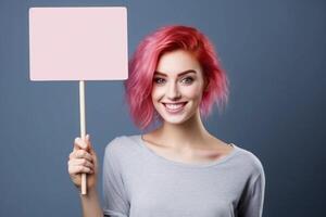 ai generado joven contento mujer con rosado pelo participación blanco Bosquejo firmar en gris antecedentes. ai generado. foto