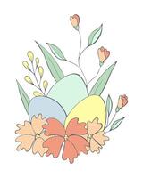 Easter eggs arranged among bright spring flowers for Happy Easter. vector