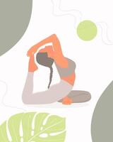 Woman practicing yoga pose in peaceful setting with monstera leaves. vector