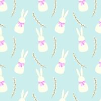 Pattern with Easter bunnies and willow branches on blue pastel colors background. vector