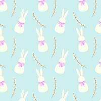 Pattern with Easter bunnies and willow branches on blue pastel colors background. vector