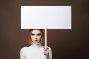 AI generated Serious young woman holding blank mockup sign on brown background. AI generated. photo