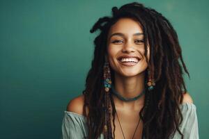 ai generado retrato de contento joven mujer con rastas en verde fondo, Copiar espacio. ai generado. foto