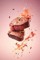 AI generated Delicious grilled beef steaks with spices flying on pink background. Food levitation. AI generated. photo