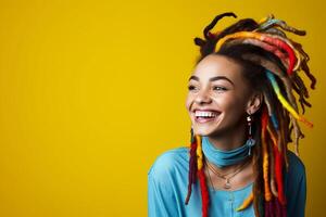 ai generado retrato de contento joven mujer con rastas en amarillo fondo, Copiar espacio. ai generado. foto