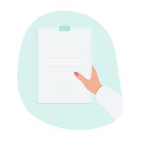 Close-Up of hand holding blank medical clipboard with lines and stamp on light blue background. Template design. vector