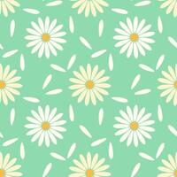 Seamless pattern of white daisies chamomile and white petals on turquoise background. vector