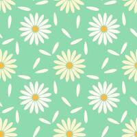 Seamless pattern of white daisies chamomile and white petals on turquoise background. vector