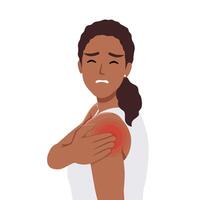 Young woman suffering from pain in the neck. Sore neck, shoulder. Pain in back. vector
