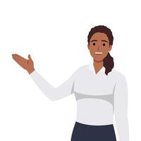 Young woman presenting, making a gesture. vector