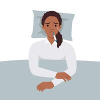 Woman suffering from flu in bed under blanket. She has fever and take thermometer in mouth with tissue paper and medicine on bed. Flu or cold allergy symptom vector