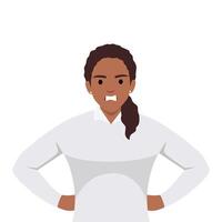 ofendido mujer malhumorado y expresando enojado emoción. frustrado hembra personaje con infeliz cara expresión con manos en caderas. vector