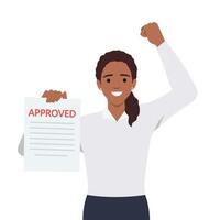 Young woman holds loan approval application paper sheets document. Mortgage or credit form with stamp approved vector