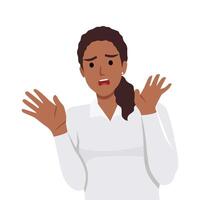 Scared young woman show no hand gesture. Terrified female feel frightened and stressed ask to stop. Emotion and fear concept. vector