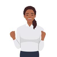 victorioso gesto de contento confidente mujer expresando positivo emoción. exitoso. vector