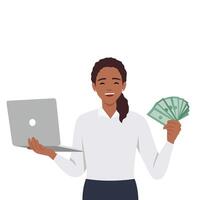 Young woman making money in internet concept. Winning plenty of money in social media on laptop. Holding cash. vector