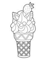 Strawberry Ice Cream in a Waffle Cup coloring page. Vector illustration