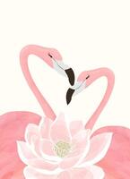 Couple pink flamingos and a pink lotus. Tropical flamingo art for wedding invitation, birthday, holiday, greeting card. vector