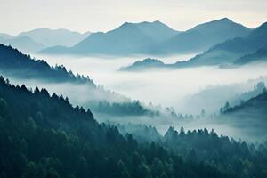 ai generado paisaje con brumoso brumoso montañas y bosque. hermosa natural antecedentes. ai generado. foto