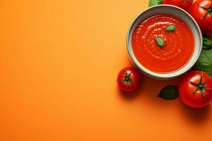 AI generated Bowl of tomato soup on orange background with fresh tomatoes, top view, copy space. AI generated. photo