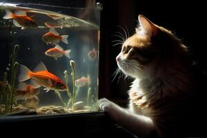 ai generado curioso gato acecho el pescado en el acuario en oscuro fondo, cerca arriba. ai generado. foto