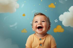 ai generado contento sonriente pequeño niño, niño pequeño, bebé en cielo antecedentes con nubes ai generado. foto