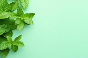 AI generated Fresh mint leaves green natural background with copy space. AI generated. photo