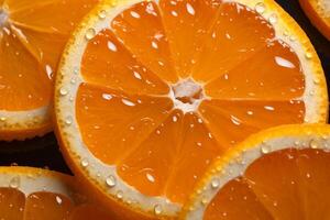 AI generated Macro texture of fresh ripe orange slices with water drops. AI generated. photo