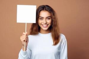 AI generated Young happy woman holding white mockup sign or placard on brown background. AI generated. photo