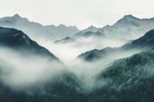 AI generated Beautiful landscape with fog in the mountains. Natural background. AI generated. photo