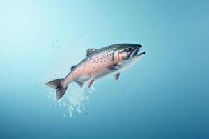 ai generado salmón pescado y agua salpicaduras aislado en azul antecedentes. ai generado. foto