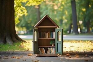 AI generated Open bookcase full of books for bookcrossing in the park. AI generated. photo